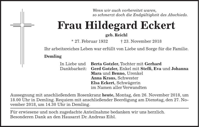 Traueranzeige Hildegard Eckert