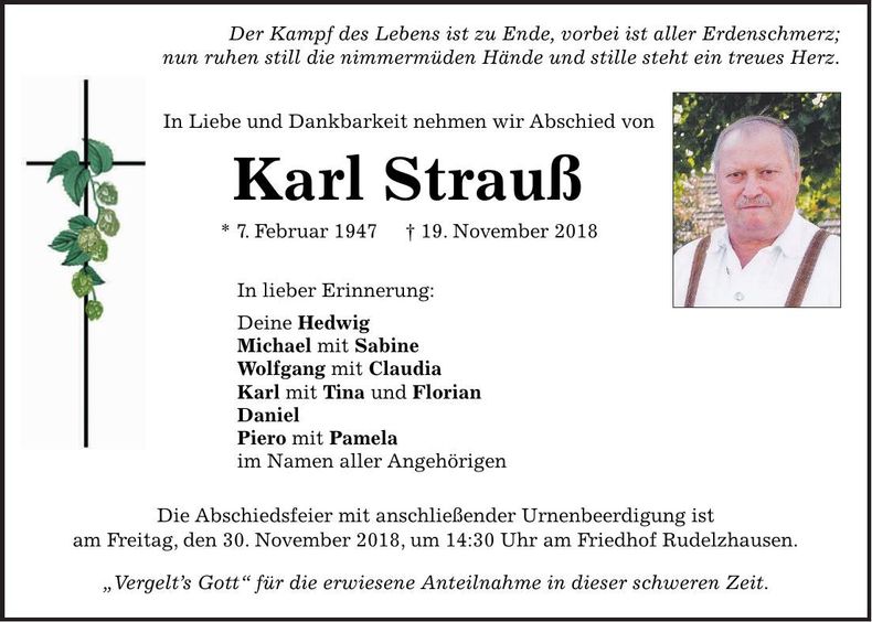 Traueranzeige Karl Strauß