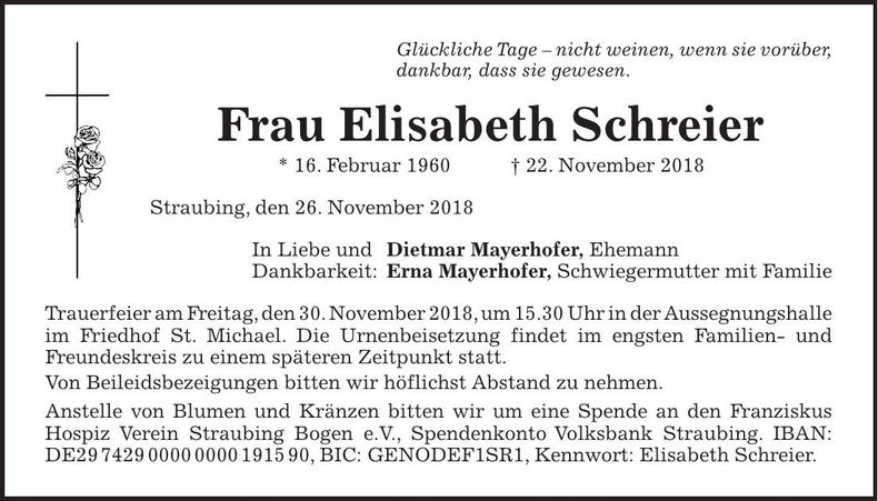 Traueranzeige Elisabeth Schreier
