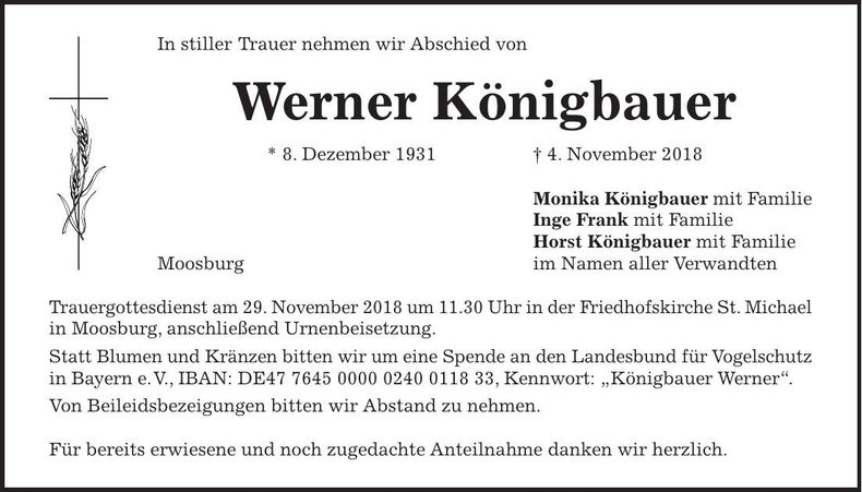 Traueranzeige Werner Königbauer