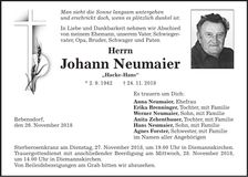 Traueranzeige Johann Neumaier