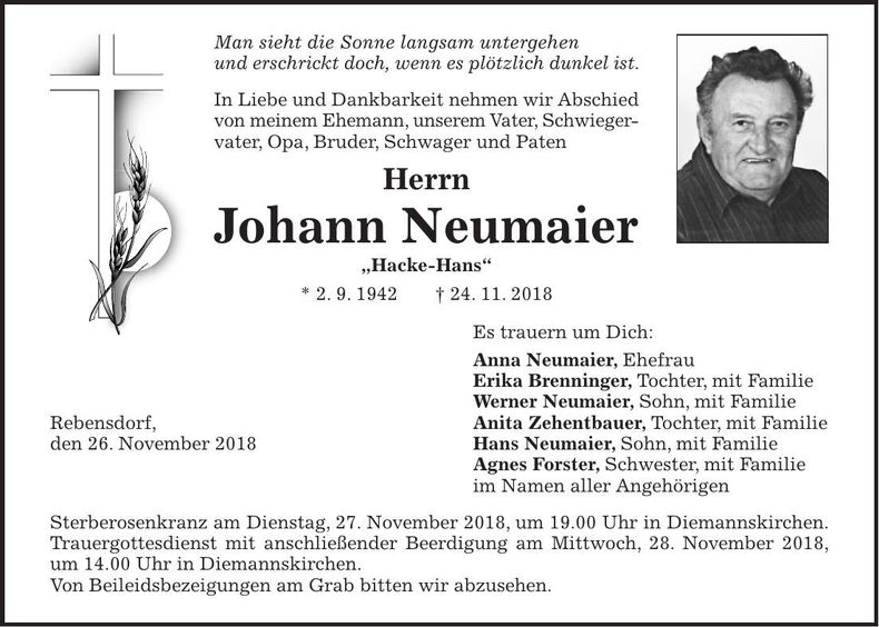 Traueranzeige Johann Neumaier