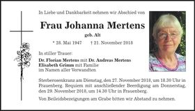 Traueranzeige Johanna Mertens