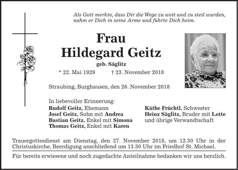 Traueranzeige Hildegard Geitz