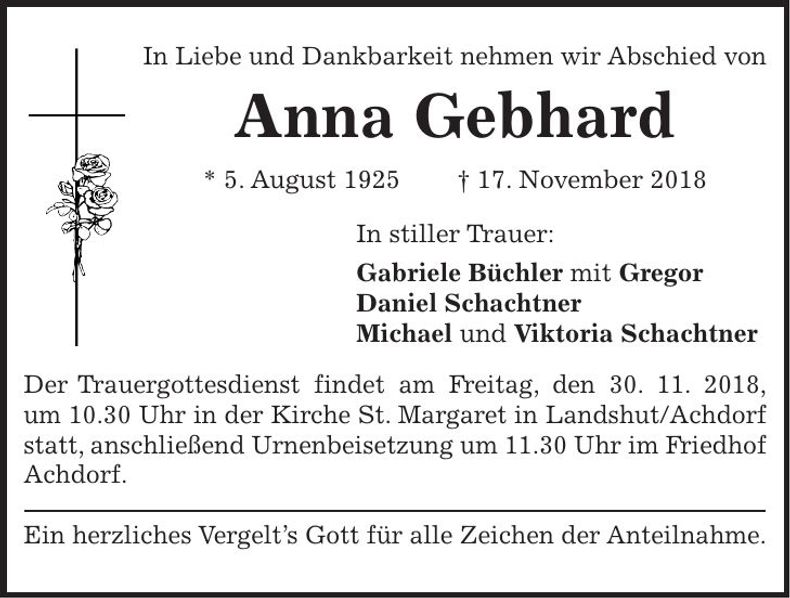 Traueranzeige Anna Gebhard