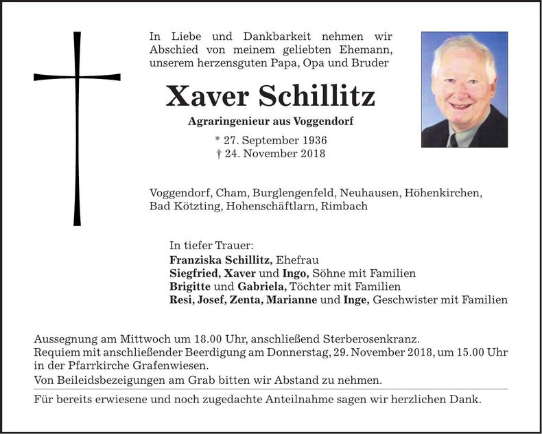Traueranzeige Xaver Schillitz