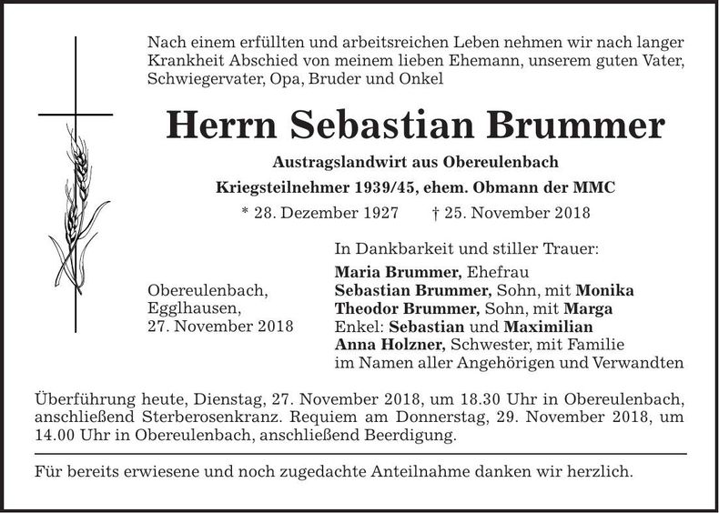 Traueranzeige Sebastian Brummer