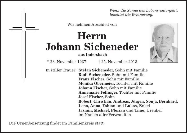 Traueranzeige Johann Sicheneder