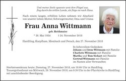 Traueranzeige Anna Wittmann