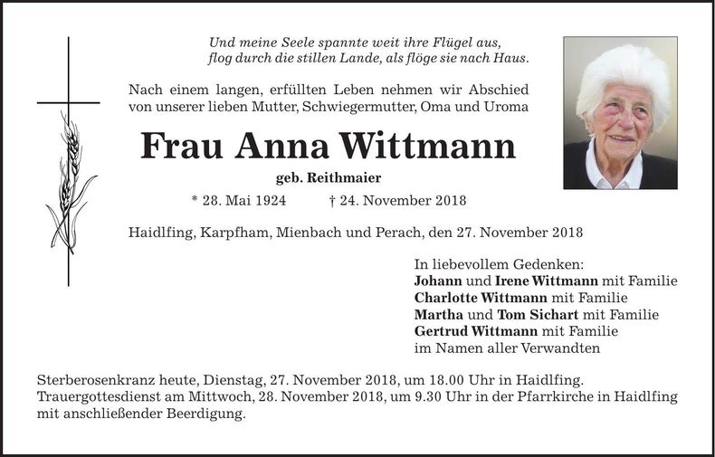 Traueranzeige Anna Wittmann