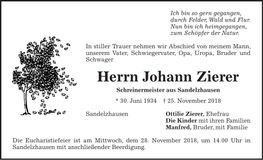 Traueranzeige Johann Zierer