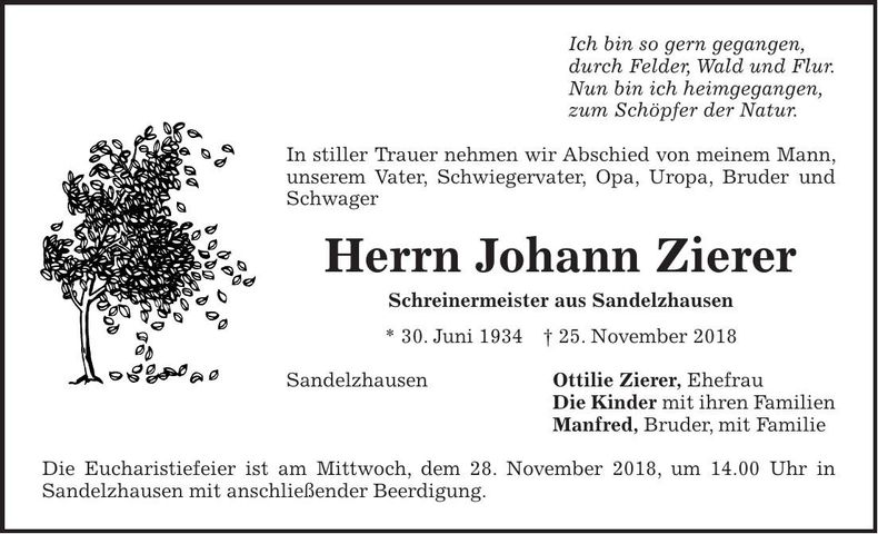 Traueranzeige Johann Zierer