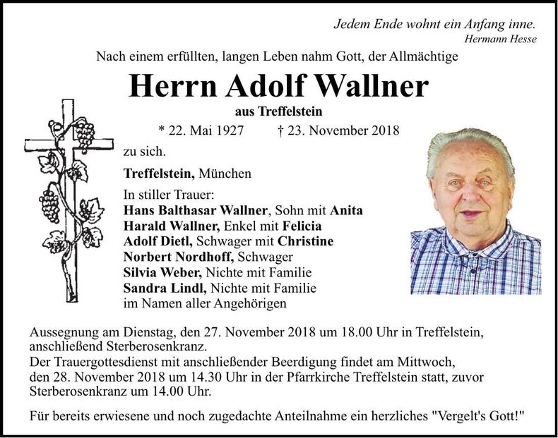 Traueranzeige Adolf Wallner