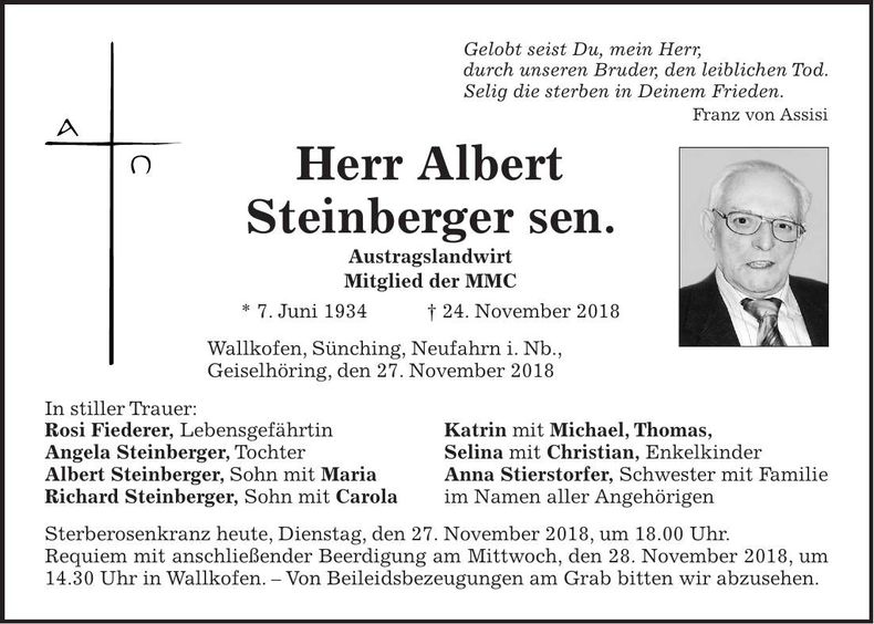 Traueranzeige Albert Steinberger sen