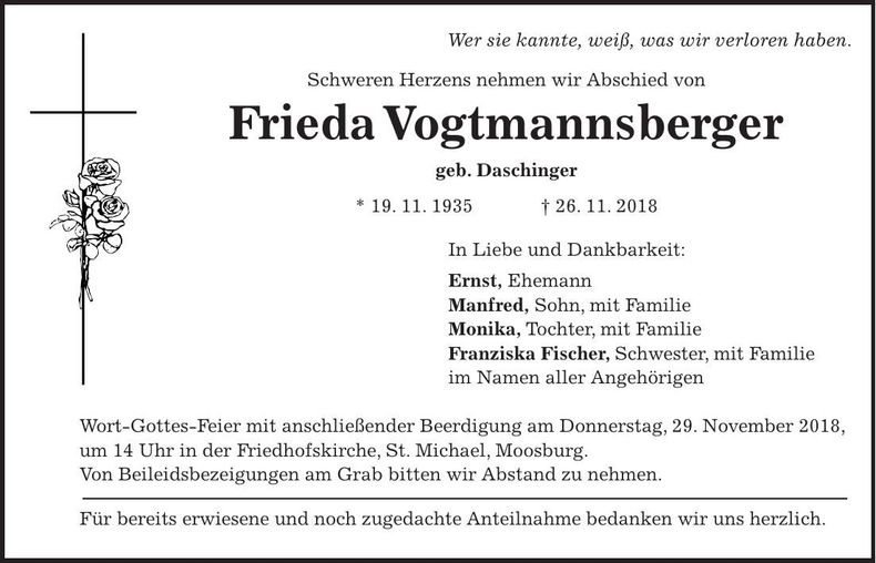 Traueranzeige Frieda Vogtmannsberger