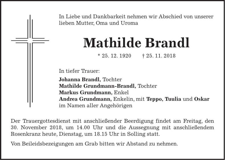 Traueranzeige Mathilde Brandl