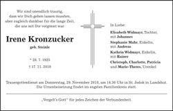 Traueranzeige Irene Kronzucker