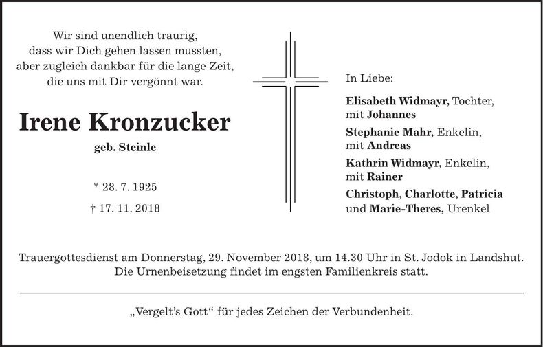 Traueranzeige Irene Kronzucker