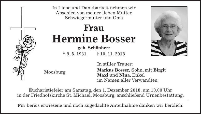 Traueranzeige Hermine Bosser