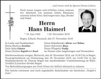 Traueranzeige Hans Haimerl