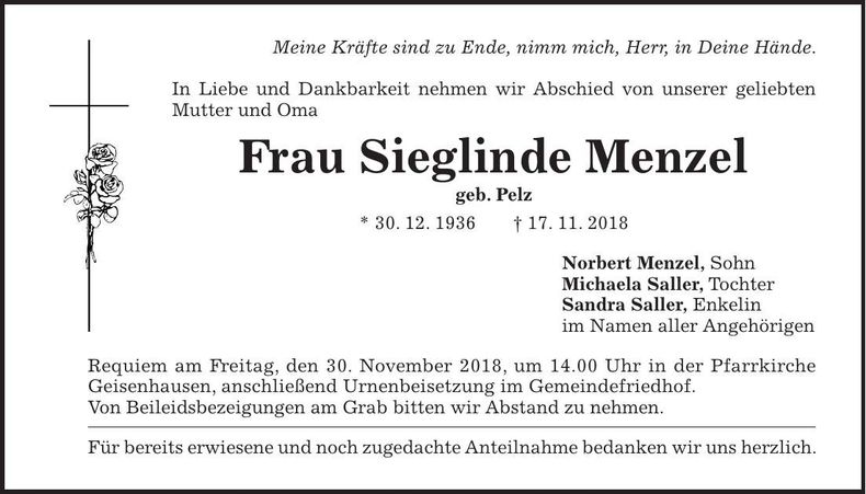 Traueranzeige Sieglinde Menzel