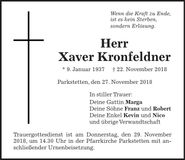Traueranzeige Xaver Kronfeldner