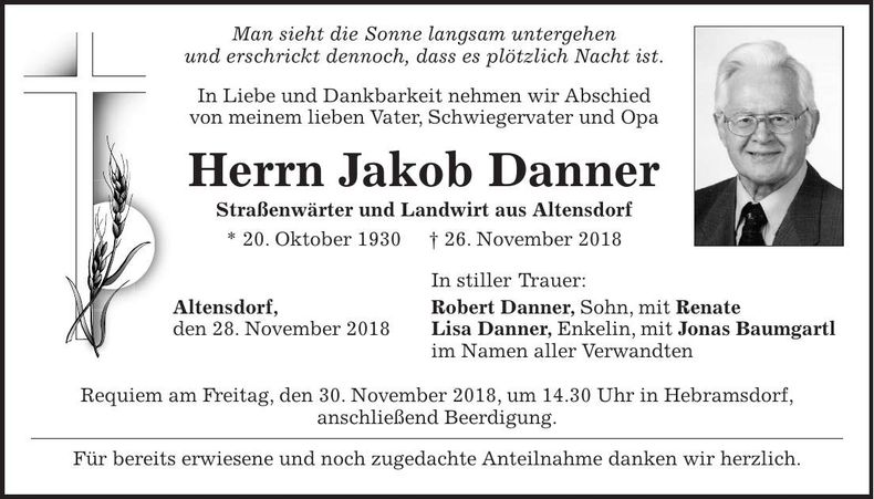 Traueranzeige Jakob Danner