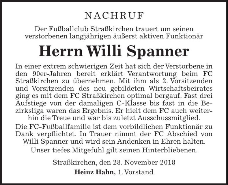 Traueranzeige Willi Spanner