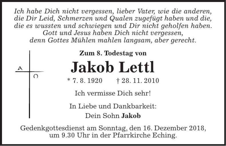 Traueranzeige Jakob Lettl