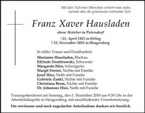 Traueranzeige Franz Xaver Hausladen