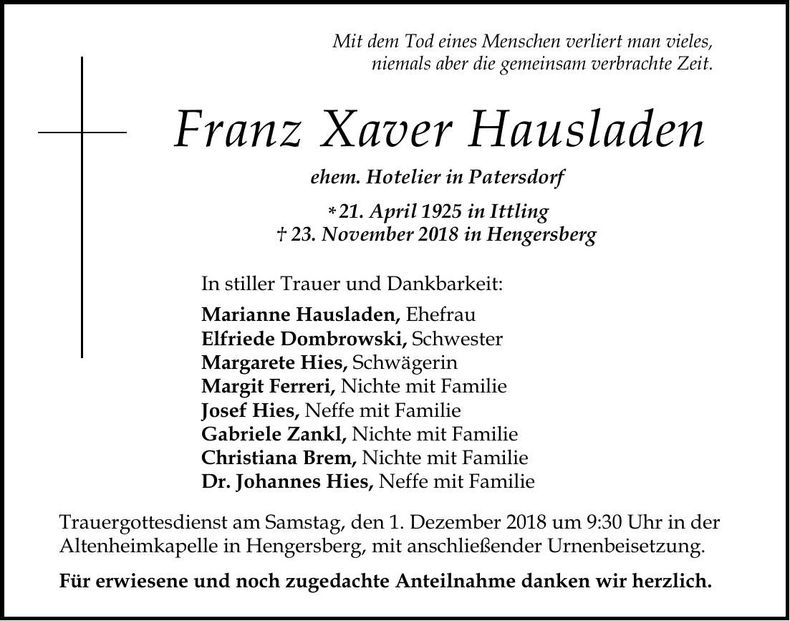 Traueranzeige Franz Xaver Hausladen