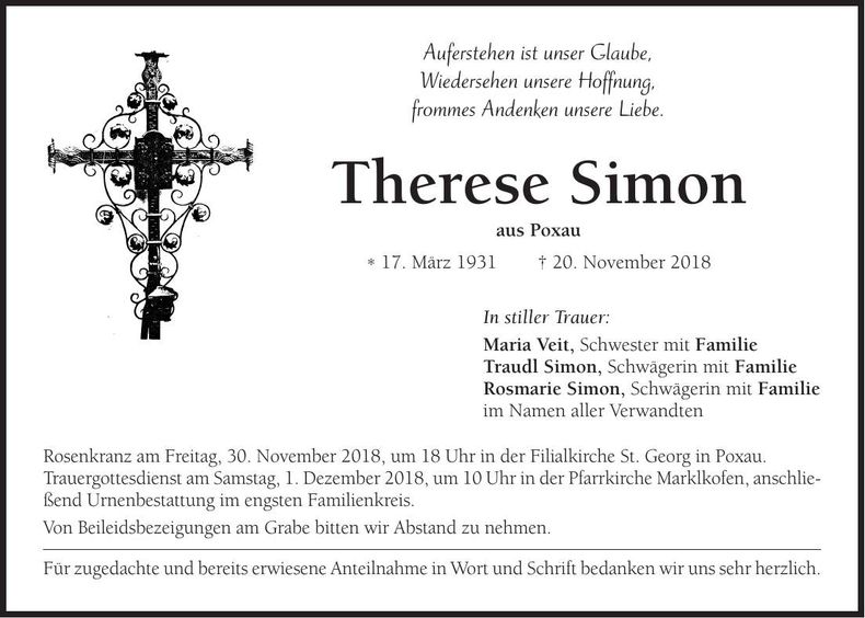 Traueranzeige Therese Simon
