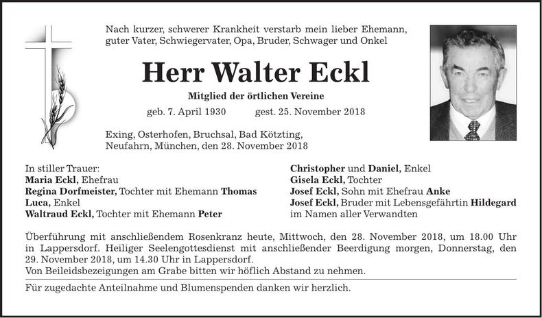 Traueranzeige Walter Eckl