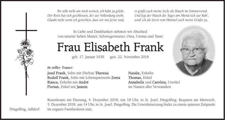 Traueranzeige Elisabeth Frank