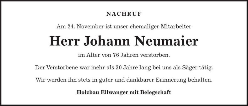Traueranzeige Johann Neumaier
