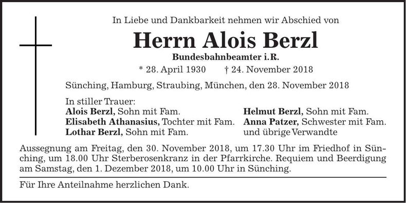 Traueranzeige Alois Berzl