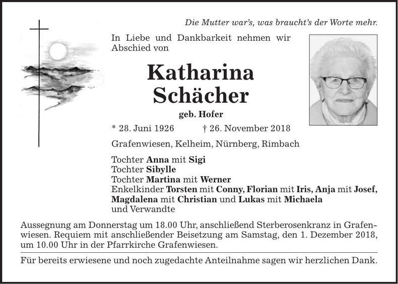 Traueranzeige Katharina Schächer