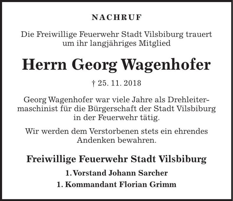 Traueranzeige Georg Wagenhofer