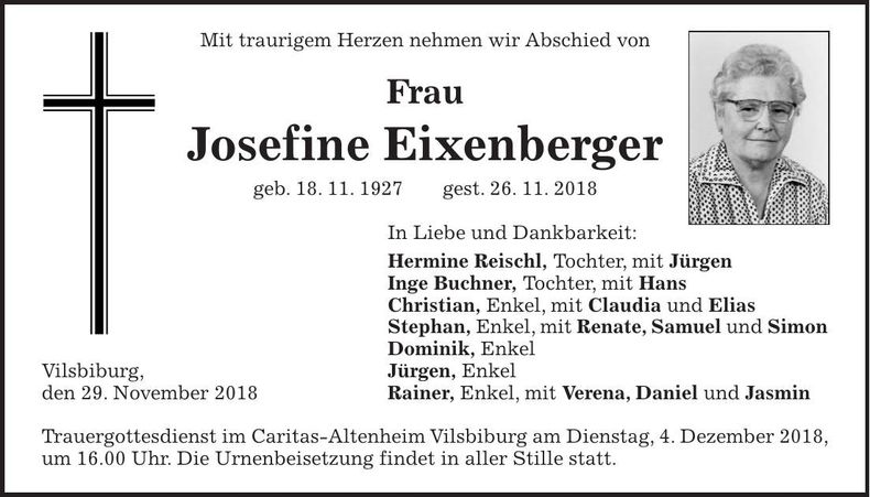 Traueranzeige Josefine Eisenberger