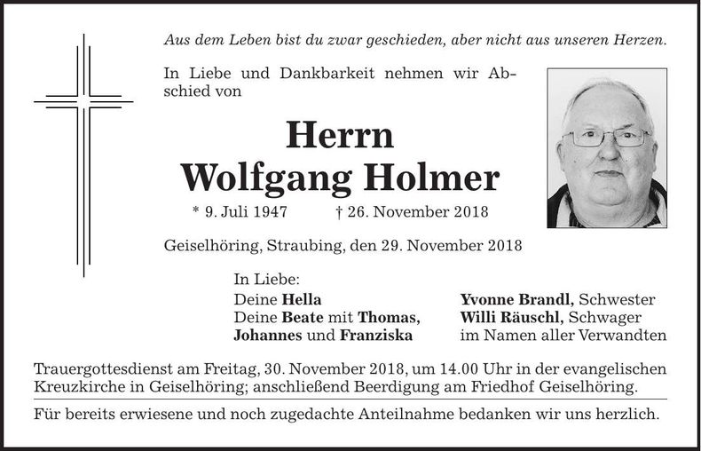 Traueranzeige Wolfgang Holmer