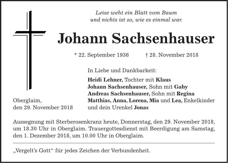 Traueranzeige Johann Sachsenhauser