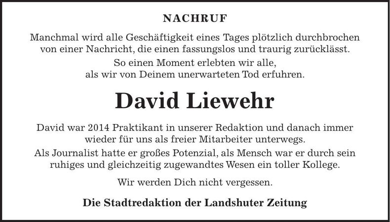 Traueranzeige David Liewehr