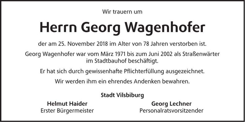 Traueranzeige Georg Wagenhofer
