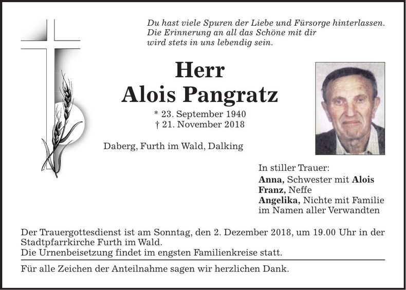 Traueranzeige Alois Pangratz