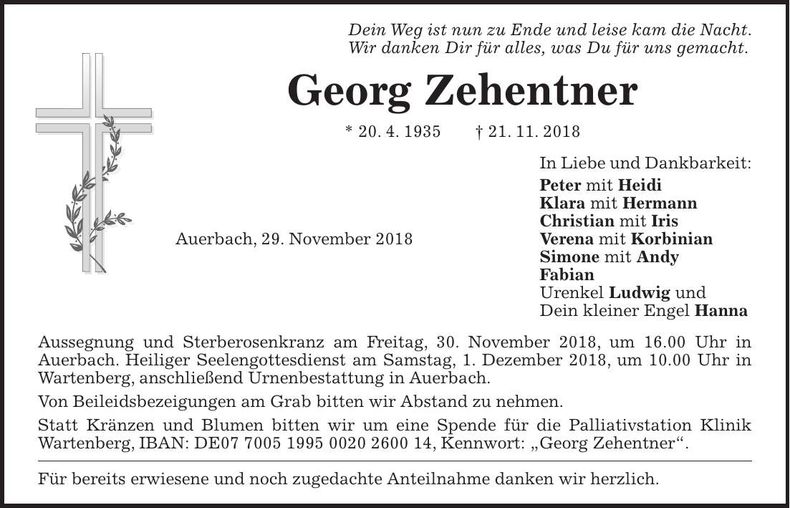Traueranzeige Georg Zehentner