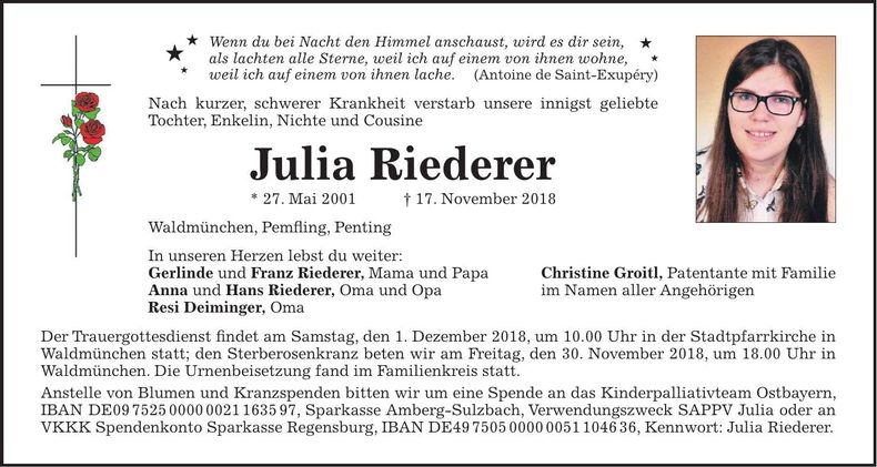 Traueranzeige Julia Riederer
