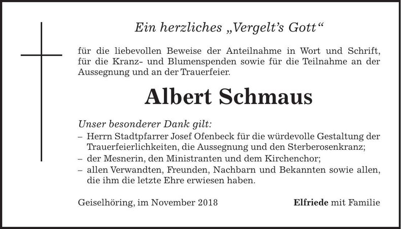 Traueranzeige Albert Schmaus
