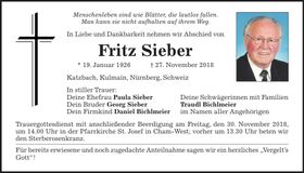Traueranzeige Fritz Sieber