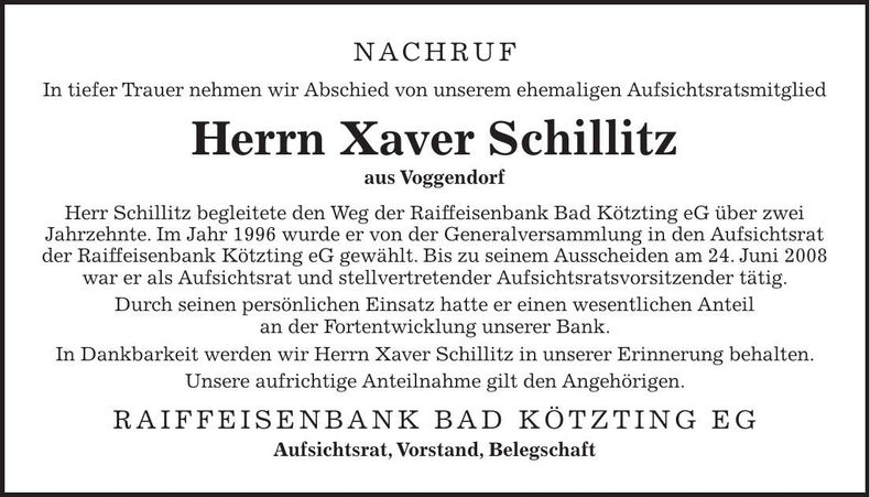 Traueranzeige Xaver Schillitz