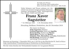 Traueranzeige Franz Sagstetter